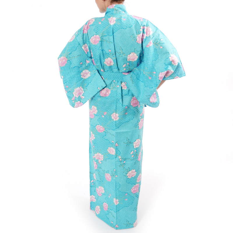 Japanese traditional turquois cotton yukata kimono sakura flowers on cloud pattern for ladies