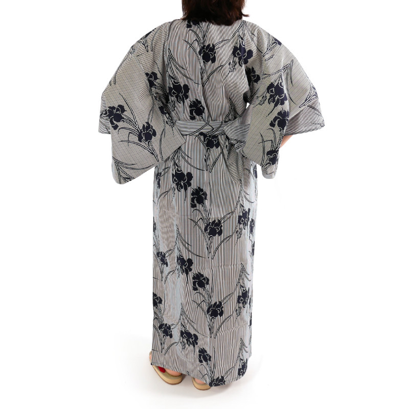 kimono yukata traditionnel japonais bleu gris en coton rayures et fleurs d'iris pour femme