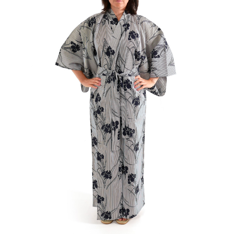 kimono giapponese yukata in cotone grigio blu, SHIBORI, strisce e fiori di iris
