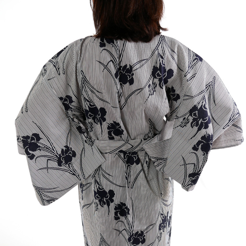 Japanese traditional blue grey cotton yukata kimono iris and stripes for ladies