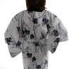 kimono yukata traditionnel japonais bleu gris en coton rayures et fleurs d'iris pour femme