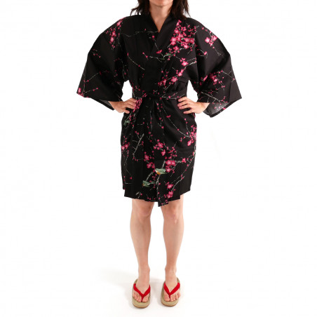 hanten kimono japonés algodón negro, TORIUME, flor de ave y ciruelo