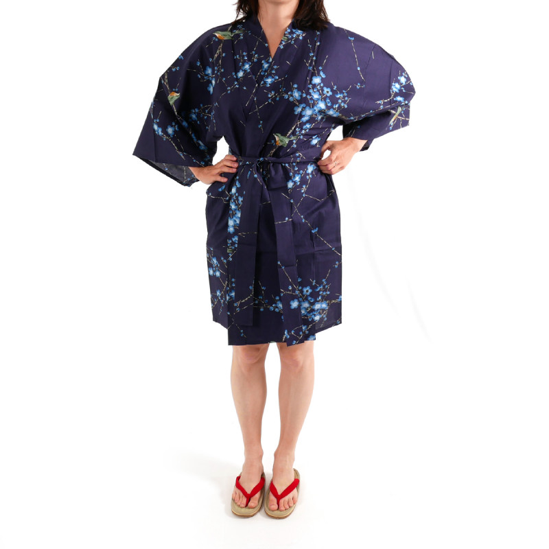 kimono di cotone giapponese hanten, TORIUME, fiori di uccello e prugna