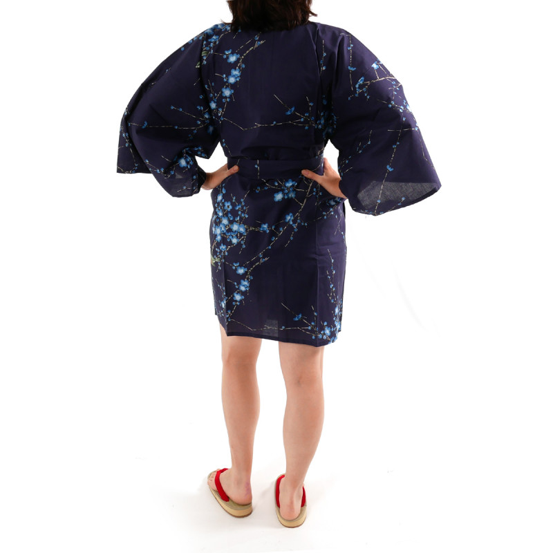 hanten kimono traditionnel japonais bleu en coton oiseau et fleurs prune pour femme