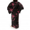 yukata japonés kimono algodón negro, TORIUME, flor de ave y ciruelo