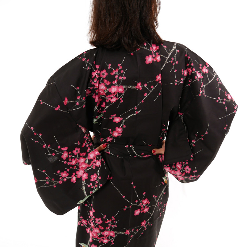 yukata japonés kimono algodón negro, TORIUME, flor de ave y ciruelo