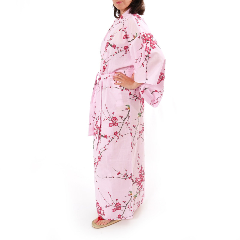 kimono giapponese yukata in cotone rosa, TORIUME, fiori di uccello e prugna