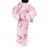 Yukata Japonés Kimono Rosa Algodón, TORIUME, flor de ave y ciruelo