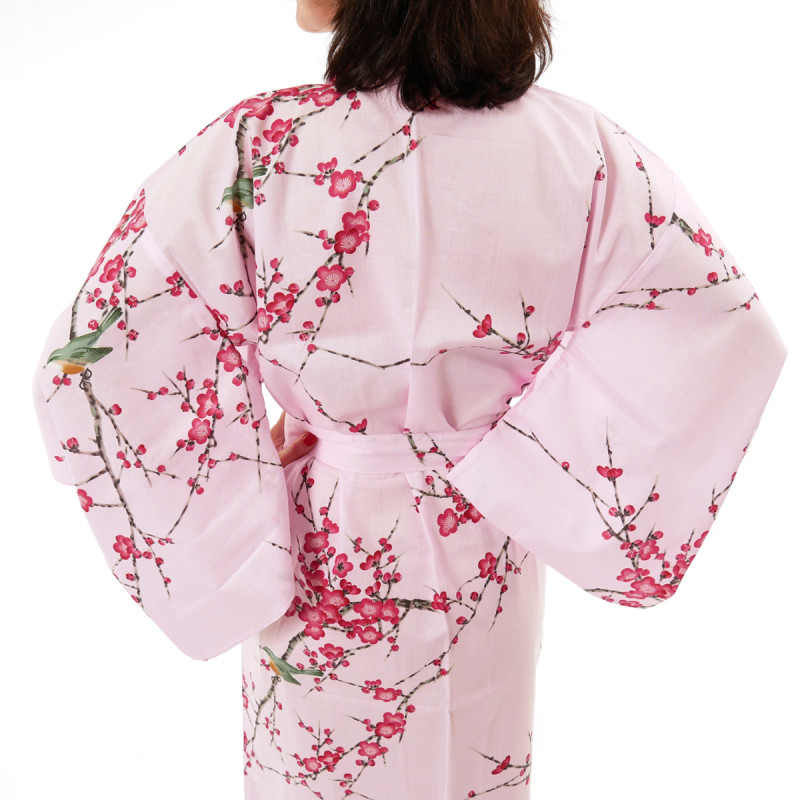 japanische Yukata Kimono rosa Baumwolle, TORIUME, Vogel- und Pflaumenblüten