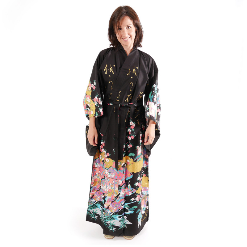 Japanischer traditioneller schwarzer Kimono für Frauen, UTAÔJO, brillante Gedichte und Prinzessinnen