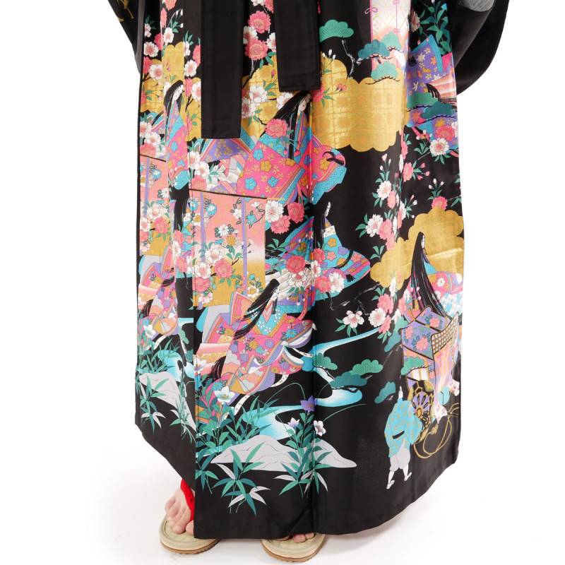 Japanese traditional black kimono gilt poem and princess for ladies