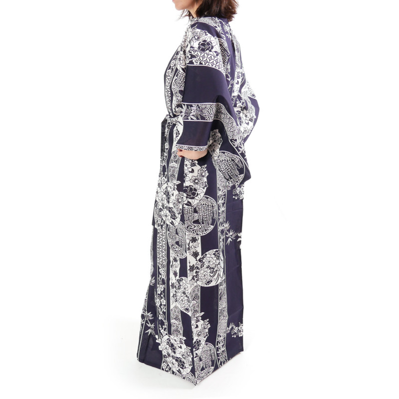 kimono giapponese yukata in cotone blu, HANAKAMON, cerchio di fiori