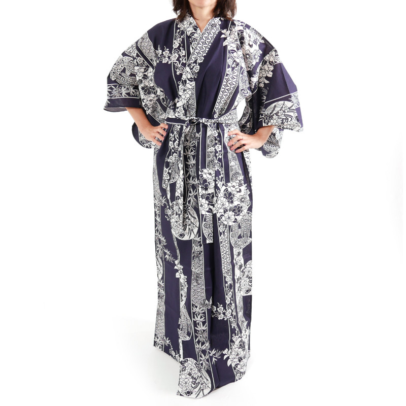 kimono yukata traditionnel japonais bleu en coton cercles de fleurs pour femme