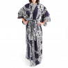 yukata japonés kimono algodón azul, HANAKAMON, círculo de flores