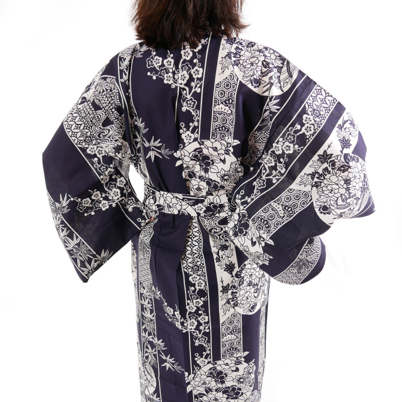 japanische Yukata Kimono blaue Baumwolle, HANAKAMON, Blumenkreis
