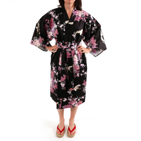 happi japonés kimono algodón negro, PEONY TSURU, grulla y peonía