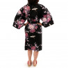 happi japonés kimono algodón negro, PEONY TSURU, grulla y peonía