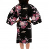 happi japonés kimono algodón negro, PEONY TSURU, grulla y peonía
