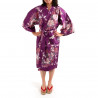Japanese traditional purple cotton sateen happi coat kimono flying crane and peony for ladies