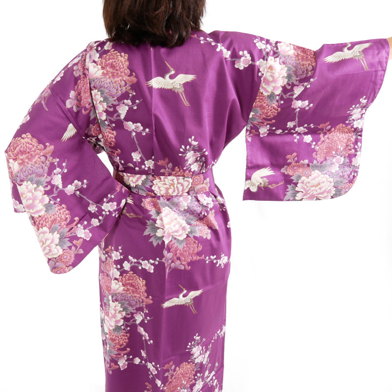 Kimono in cotone giapponese viola, TSURU PEONY, gru e peonia