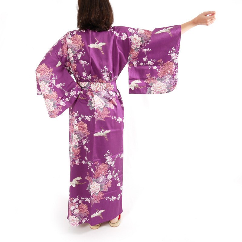 Lila japanischer Baumwoll-Kimono, TSURU PEONY, Kranich und Pfingstrose