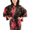 yukata japonés kimono algodón negro, PEONY, peonías flotantes