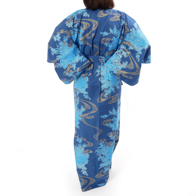 kimono yukata traditionnel japonais bleu en coton pivoines flottantes pour femme