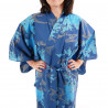 yukata japonés kimono algodón azul, PEONY, peonías flotantes