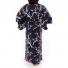 kimono yukata traditionnel japonais bleu en coton fleurs prune japonaises pour femme