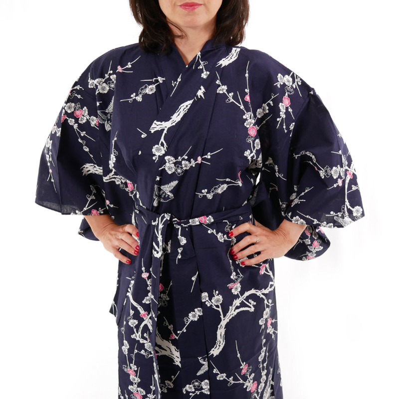 kimono giapponese yukata in cotone blu, UME, fiore di pruno