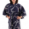 kimono yukata traditionnel japonais bleu en coton fleurs prune japonaises pour femme