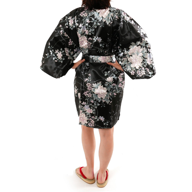 hanten japanischer Kimono schwarzer Satin, UTAUME, Poesie und Blumen