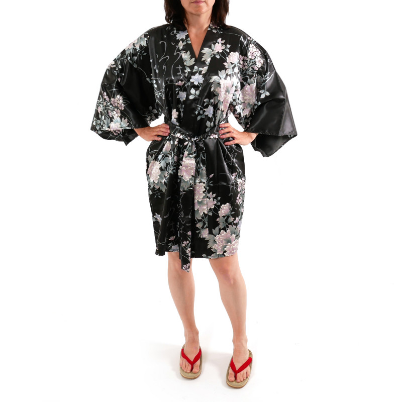 Hanten japonés kimono negro satinado, UTAUME, poesía y flores