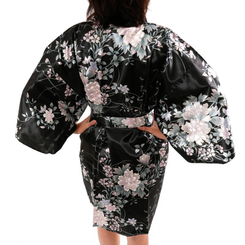hanten japanischer Kimono schwarzer Satin, UTAUME, Poesie und Blumen