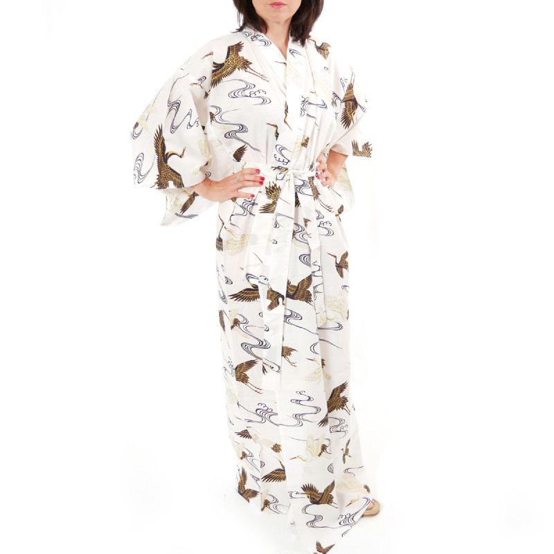 kimono yukata traditionnel japonais blanc en coton grues pour femme