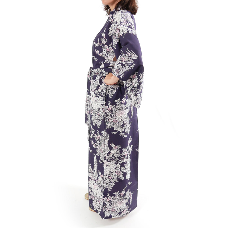 Japanese traditional blue navy cotton yukata kimono peony and beauty for ladies