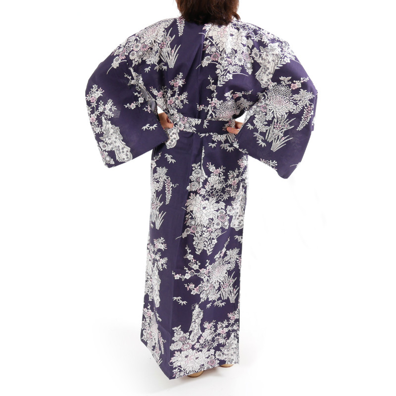 kimono giapponese yukata in cotone blu, PEONY GEISHA, Peonia e bellezze giapponesi