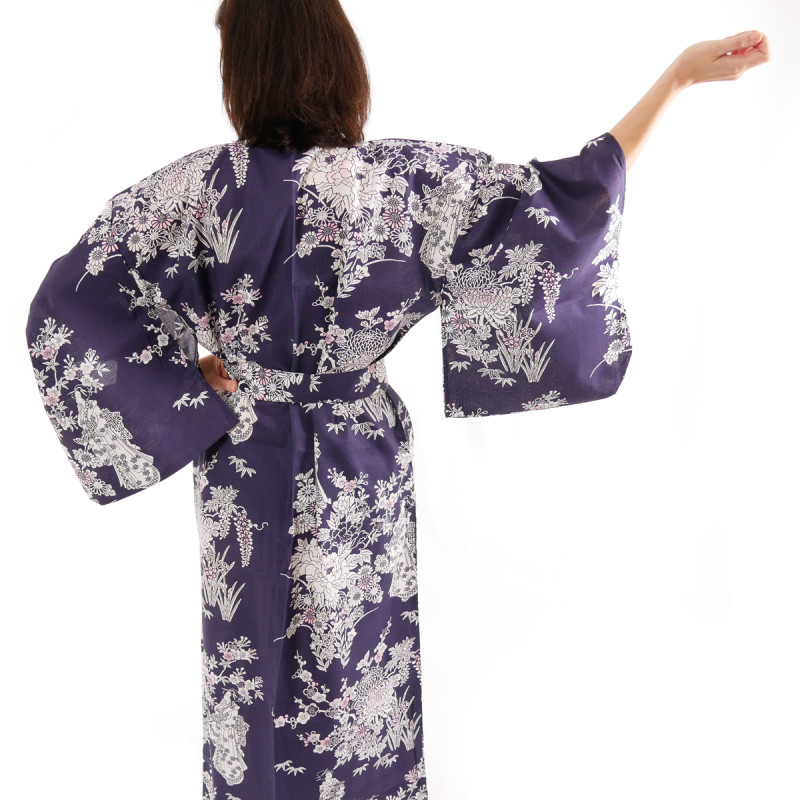 yukata japonés kimono algodón azul, PEONY GEISHA, Peonía y bellezas japonesas