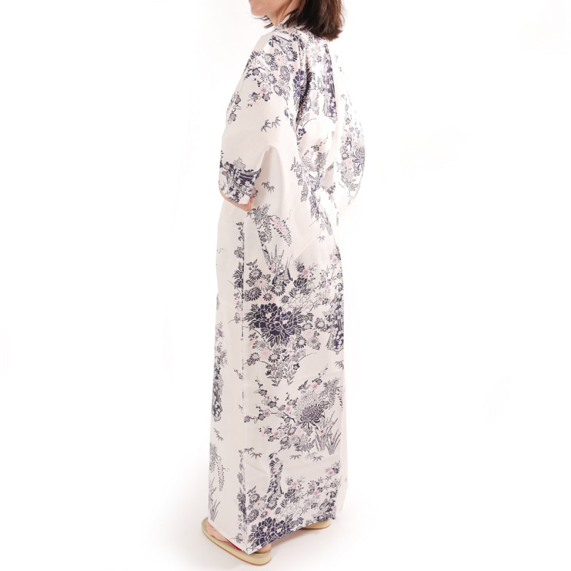 japanischer Yukata Kimono weiße Baumwolle, PEONY GEISHA, Pfingstrosenblumen und japanische Schönheiten