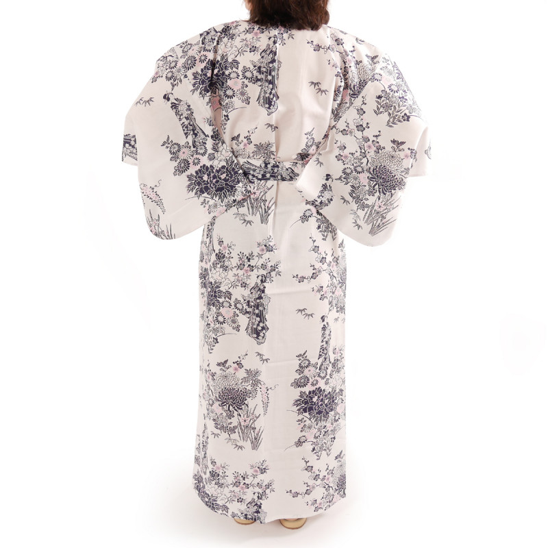 japanischer Yukata Kimono weiße Baumwolle, PEONY GEISHA, Pfingstrosenblumen und japanische Schönheiten