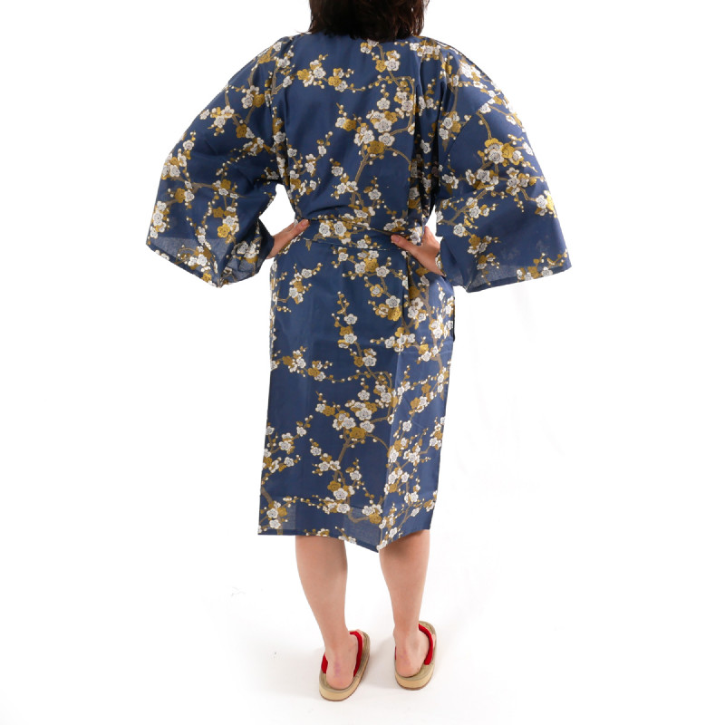 happi kimono traditionnel japonais bleu en coton fleurs prune blanche pour femme