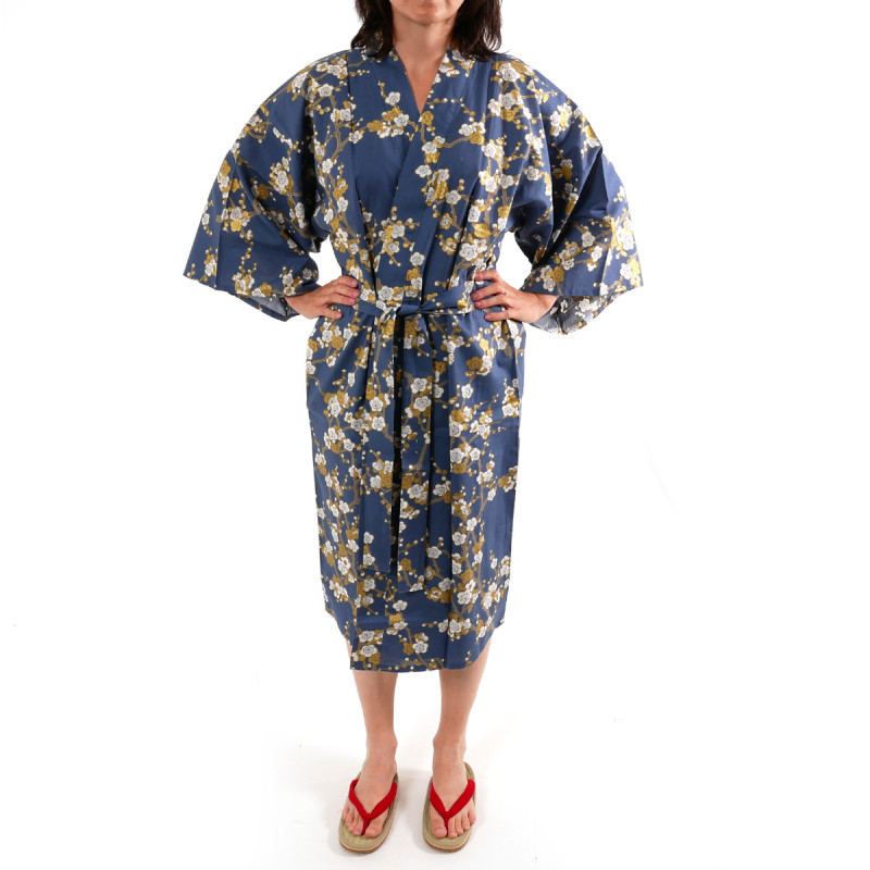 happi kimono traditionnel japonais bleu en coton fleurs prune blanche pour femme