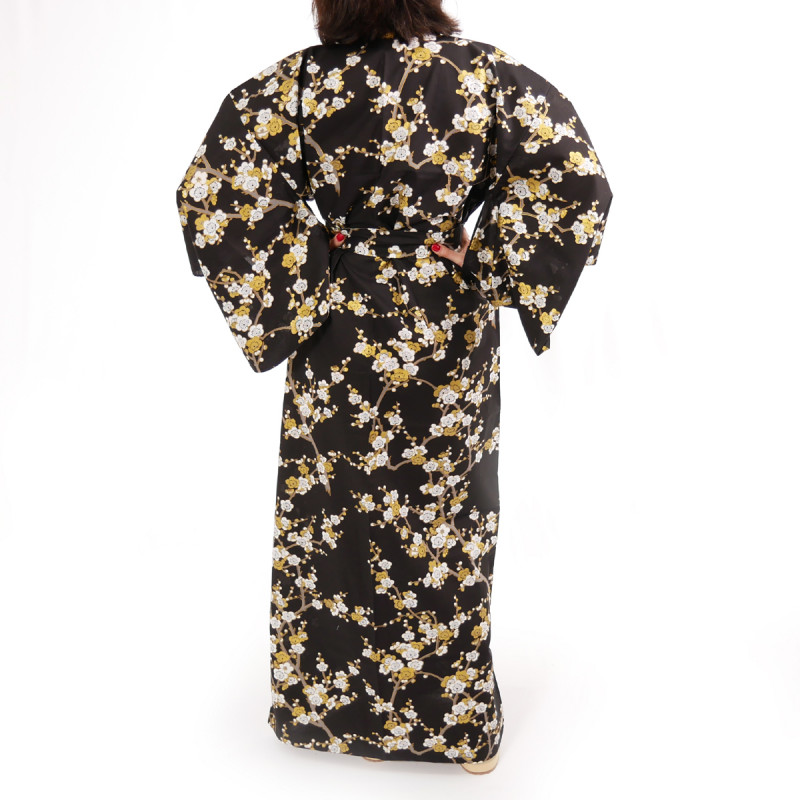 kimono yukata traditionnel japonais noir en coton fleurs prune blanches pour femme