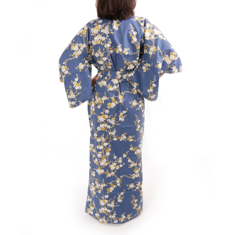 Japanese traditional blue navy cotton yukata kimono white plum for ladies