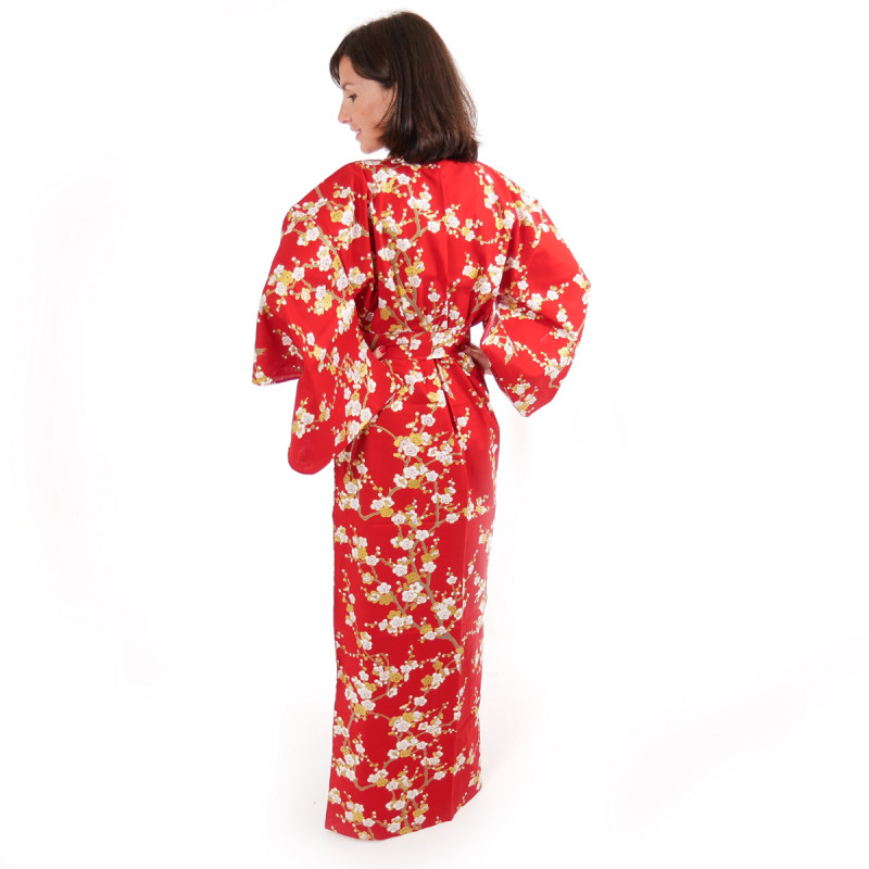 Japanese traditional red cotton yukata kimono white plum for ladies