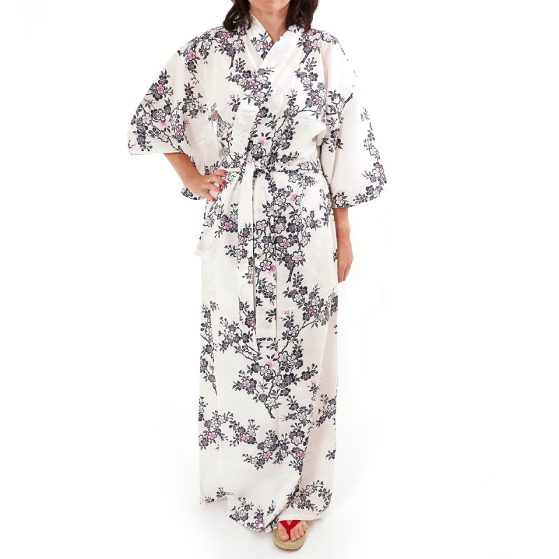 Japanese traditional white cotton yukata kimono cherry blossoms for ladies