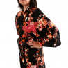 Japanese traditional black cotton sateen happi coat kimono peony and cherry blossom for ladies