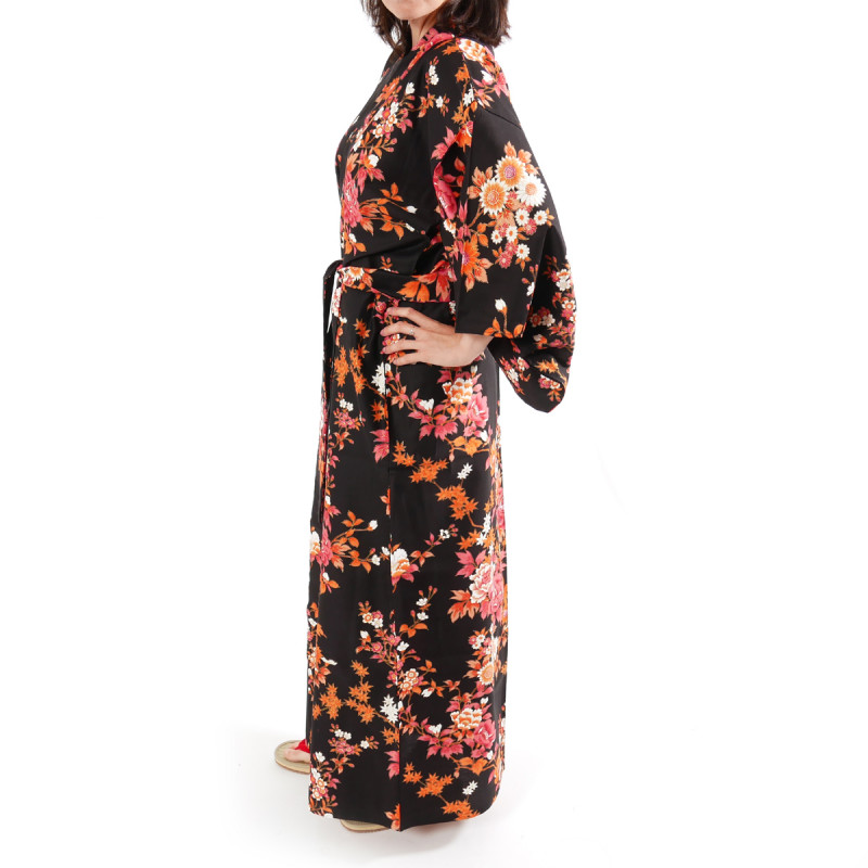 Japanischer schwarzer Kimono aus Baumwolle, SAKURA PEONY, Pfingstrose und Kirschblüten
