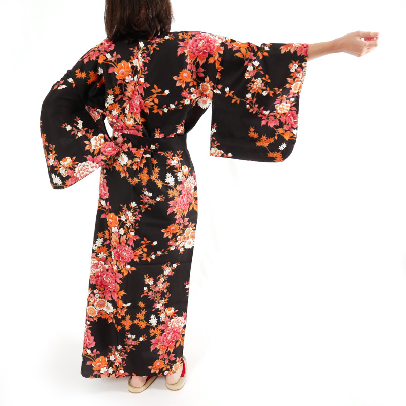Kimono giapponese in cotone nero, SAKURA PEONY, peonia e fiori di ciliegio