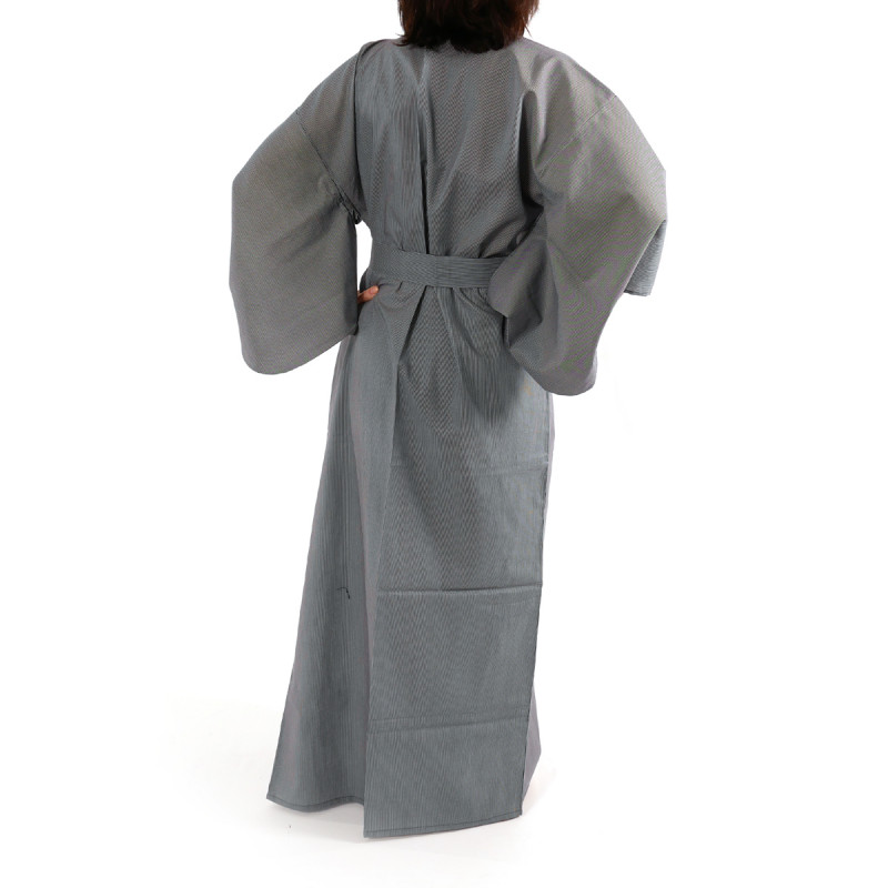 kimono yukata traditionnel japonais bleu gris en coton rayures pour femme